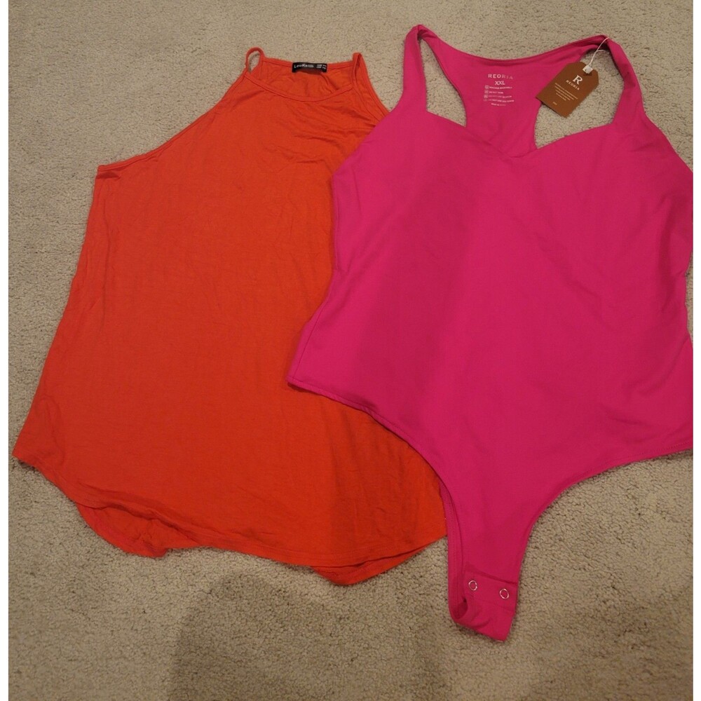 Lot Of 2 NWT Reoria Hot Pink bodysuit & NWOT Lou Keith Orange Tank Women's XXL